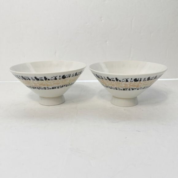 Set of Two (2) Seika China Rice Bowls Black Gold Mod Pictures Heiroglyphics - Picture 5 of 9